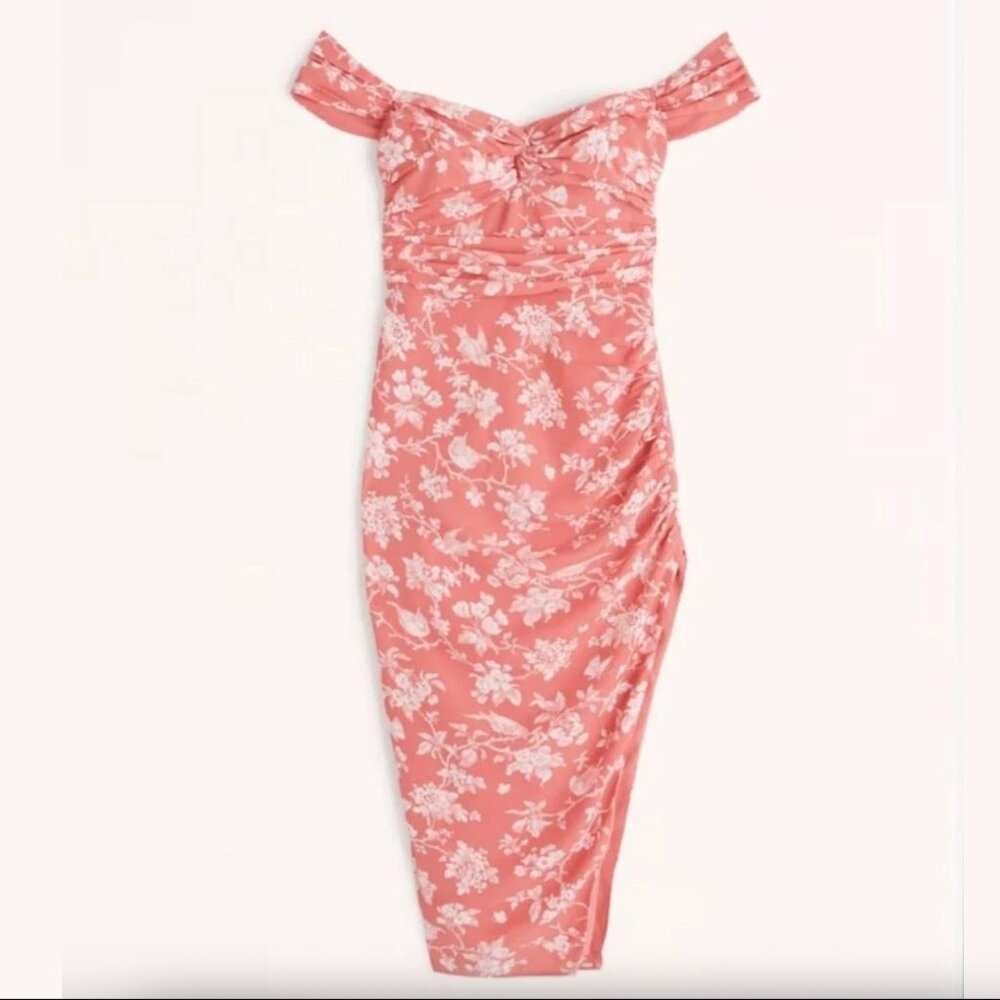 Abercrombie Off-The-Shoulder Ruched Midi Dress Coral Pink Tropical Floral Slit